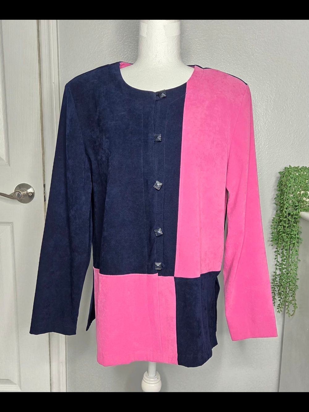 Vintage R&K Originals Colorblock Faux Suede Blazer Navy & Hot Pink Size 12